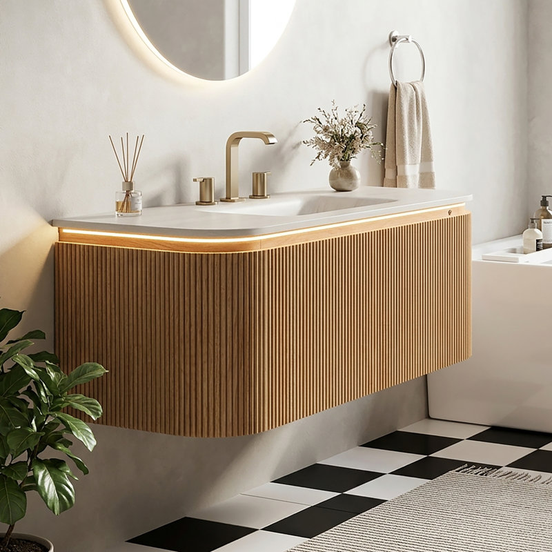30" Wall Mounted Single Sink Bathroom Vanity with Engineered Marble Top, 48"