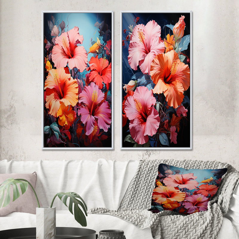 Hibiscus Hibiscus Harmony "Hibiscus Hibiscus Harmony" 2 - pièces sur, Cadre blanc, H 40 po x l 40 po