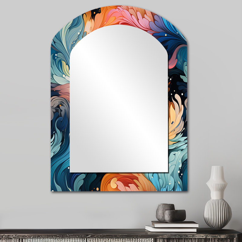 Motif artistique de tourbillon artistique - grand miroir mural asymétrique à motif cachemire, miroir unique Glam Arch, impression sur métal