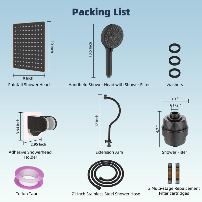 10'' Filtered Rainfall Shower Head Combo, High Pressure, 12'' Adjustable Curved Extension Arm, 20 Stage Shower Filter, 10-Spray, 71'' Hose