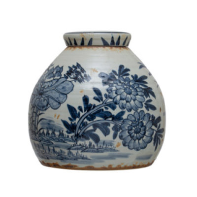 Sonoma Decorative Stoneware Ginger Jar with Flower Prints and Distressed Finish