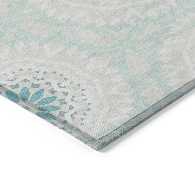 3' X 5' Teal Blue Beige And Ivory Floral Medallion Washable Indoor Outdoor Area Rug