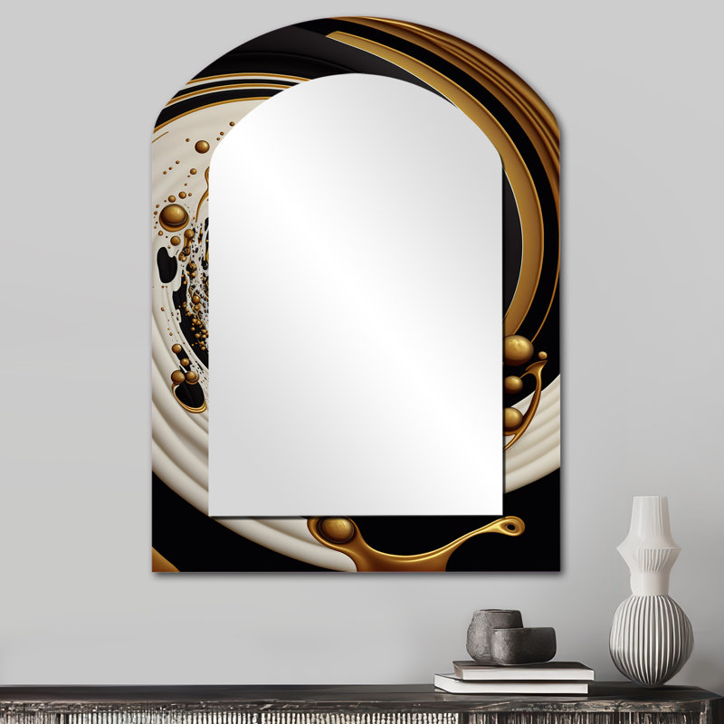 Noir, argent et or mélangeant des tourbillons IV - miroir décoratif en arc abstrait sur métal, 34 po x 25 po