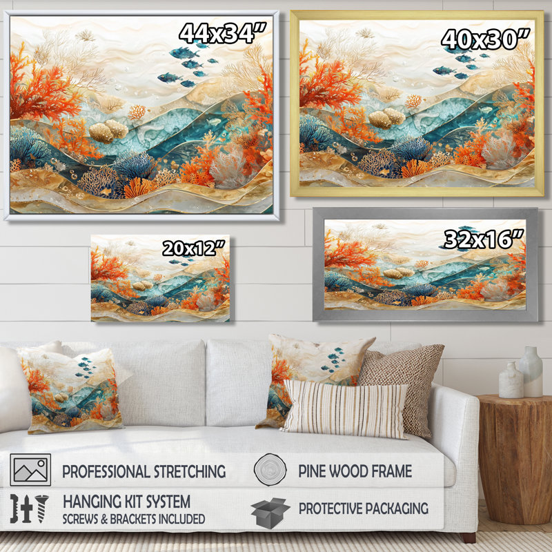 Auro Aquarium Fish and Amphibian Above A Coral II - art mural corail, Argent, H 30 po x l 40 po, Cadre flottant