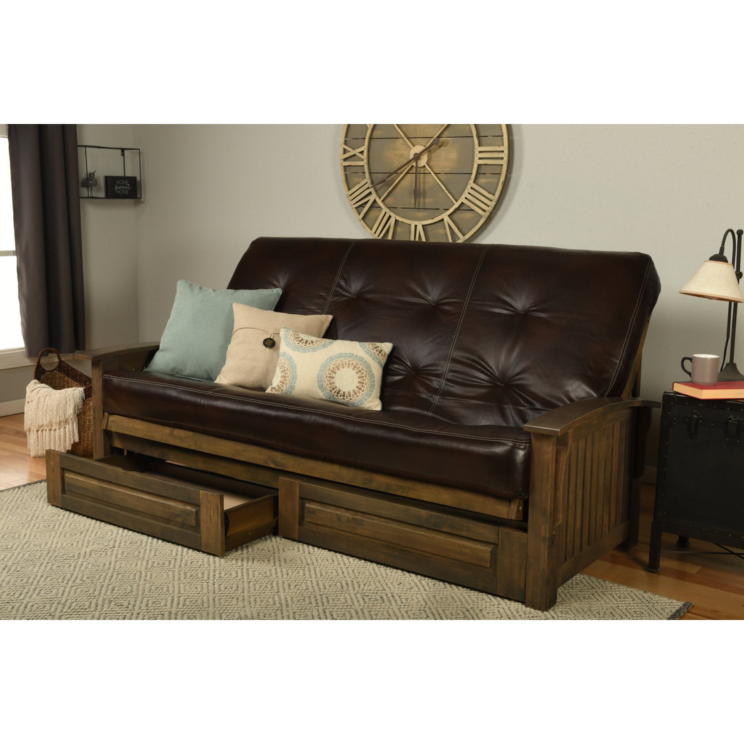 Stratford Queen 87" Wide Faux Leather Loose Back Futon And Mattress with Storage The Twillery Co.® Leather 