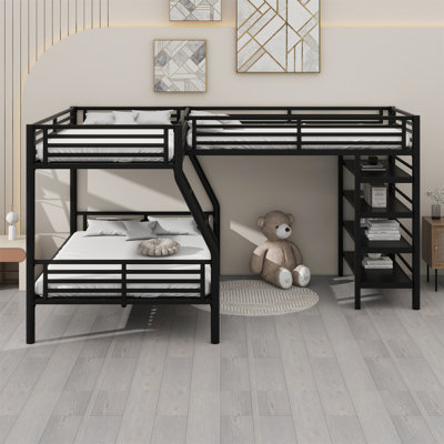 L-Shaped Bunk Bed And Loft Bed With Four Built-In Shelves