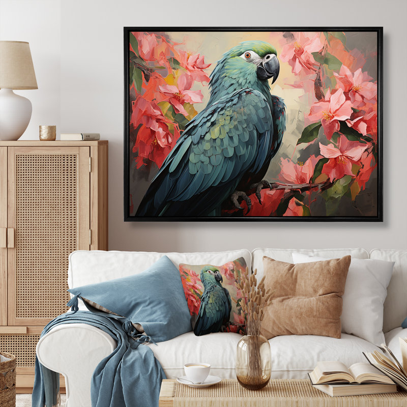 «Blue and Pink Parrot Paradise I», art mural perroquet, H 34 po x l 44 po x P 1,5 po, Cadre flottant noir
