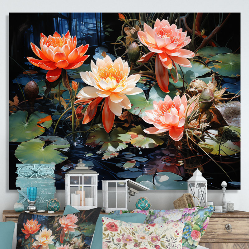 " China Art Koi Pond ", 16" H x 32" W x 1" D, Wrapped Canvas
