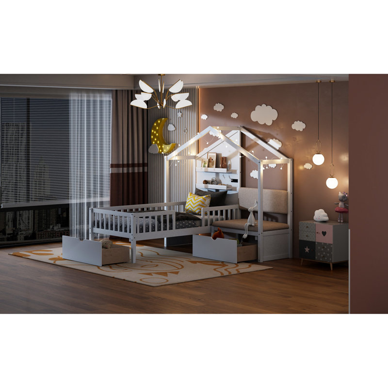 Lit simple avec lit tapissier, capacité de charge, charge sans fil, tablettes, 2 tiroirs, option de déploiement blanc pour l'espace, fondation de tiroirs