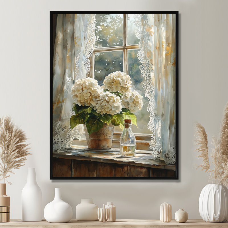 «Farmhouse Hydrangeas And Lace Curtains II - Hydrangea», reproduction sur toile encadrée, H 20 po x l 12 po, Noir