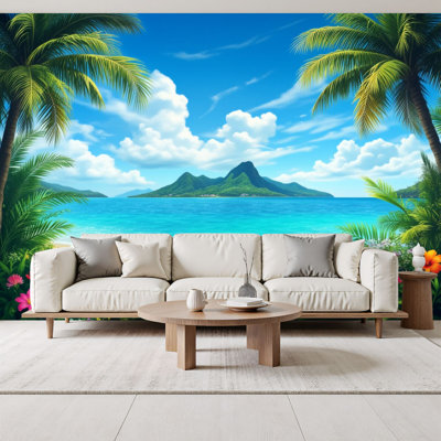 Papier peint à peler et coller Tropical Beach Palm Trees Turquoise Ocean Island Summer Decor Coastal Wall Murals H 69 po x l 96 po amovible en papier peint mural autocollant pour chambre à coucher, bureau à domicile