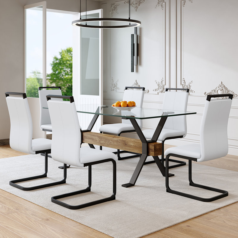 Ibrahim 71" Dining Room Set,Tempered Glass Dining Table Set With Metal Frame, White, 7 Pieces: Table, 6 Chairs