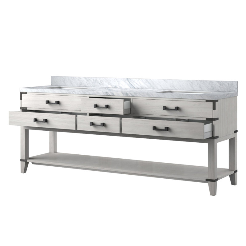 Meuble-lavabo double en chêne blanc 84 po X P 22 po D, avec plateau en marbre de Carrare, Chêne blanc