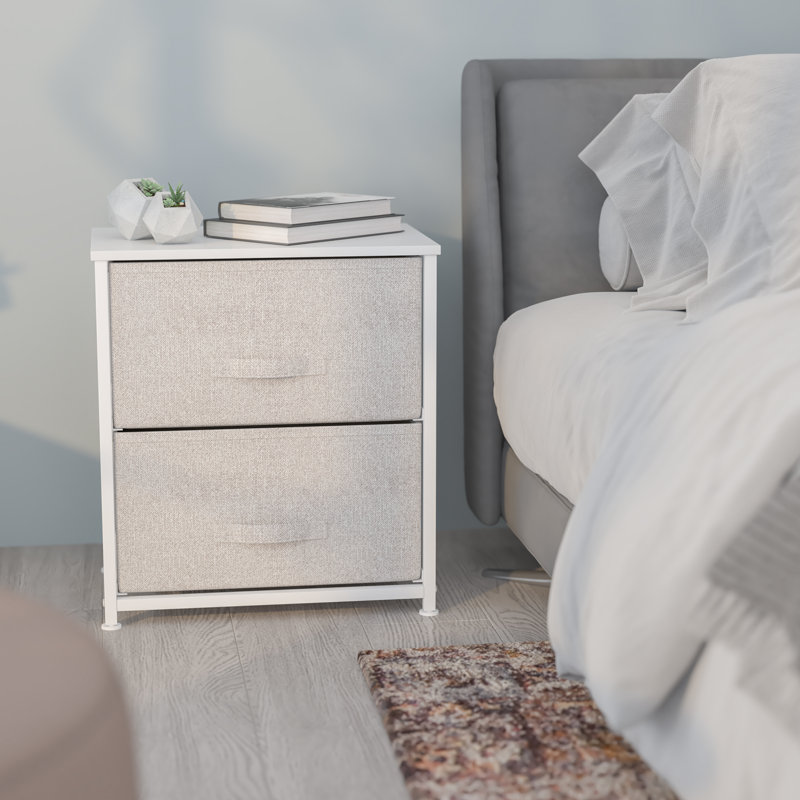 Colne 2 Drawer Storage Stand with Wood Top & Fabric Pull Drawers, White/Light Gray