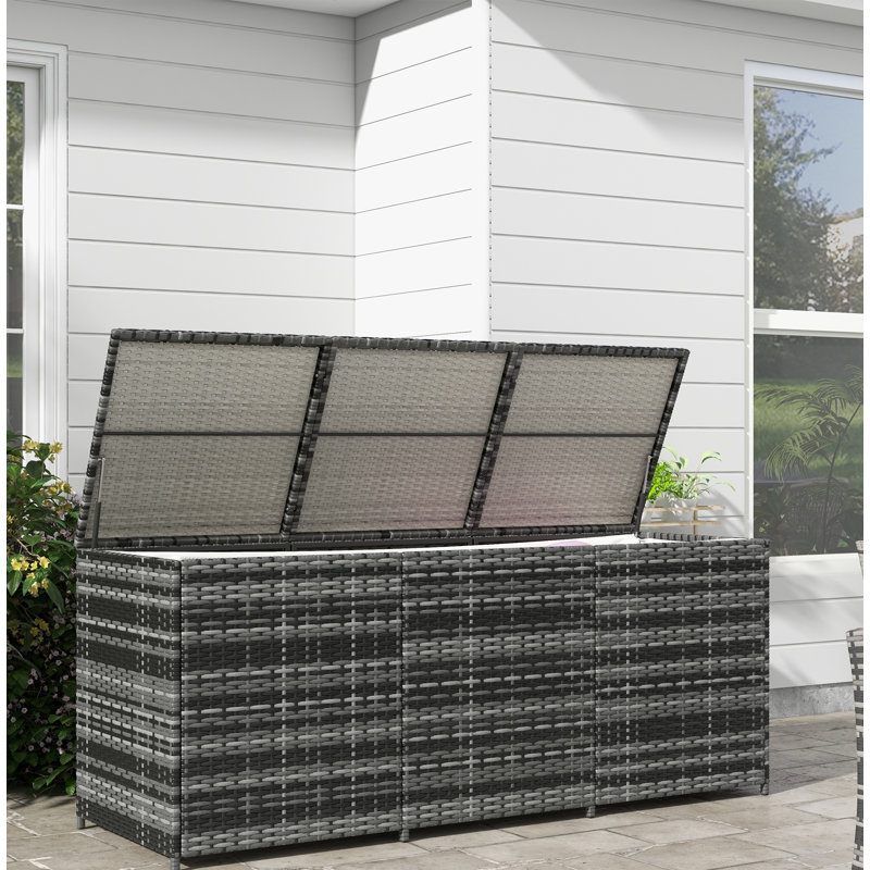 Outsunny 175 gallon outdoor storage box,PE cane wicker deck box,pool toys,garden tools,, Mixed Brown