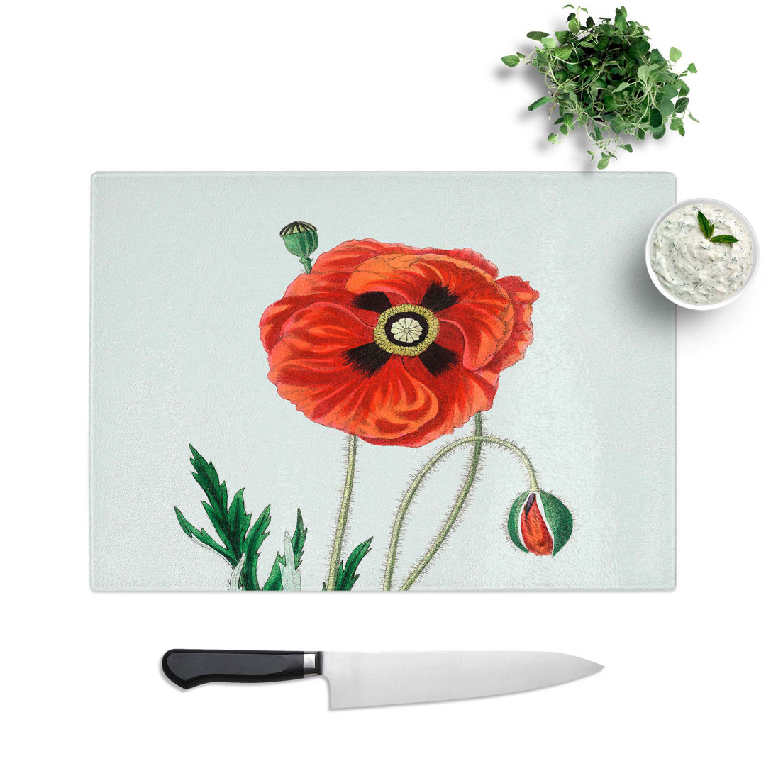 Tempered Glass Common Poppy Illustration Chopping Board
