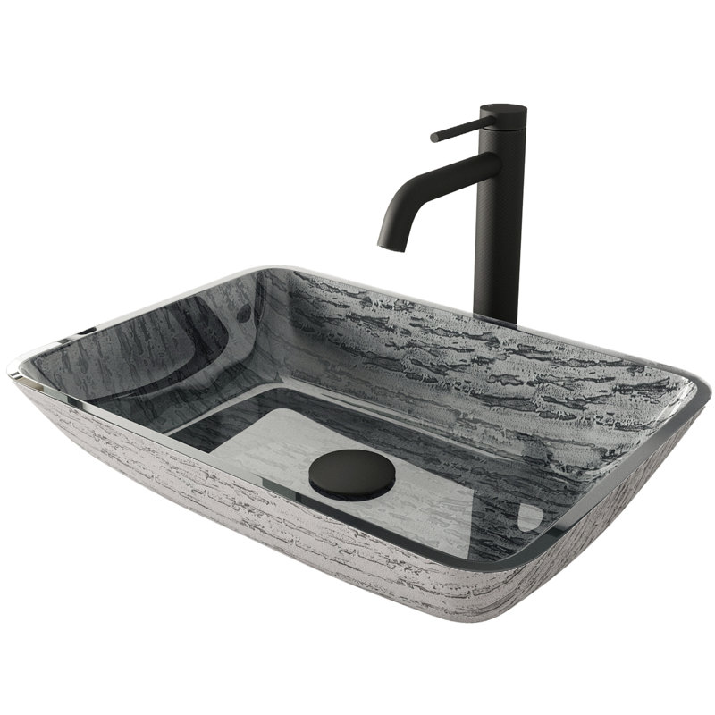 Donatello 18" L x 13" W x 4" H Rectangular Glass Vessel Bathroom Sink with 10" H Faucet, Matte Black, Slate Gray