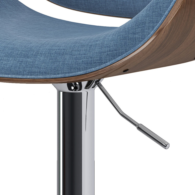 Blue Linen Adjustable Swivel Bar Stool with Wood Accents