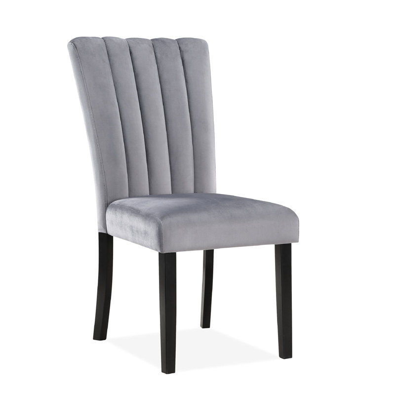 Élégantes chaises de salle à manger 2 pièces avec revêtement en velours, gris noir, dossier, fabrication en bois pour le progrès chaises contemporaines rembourrées, gris / noir, bois de canal