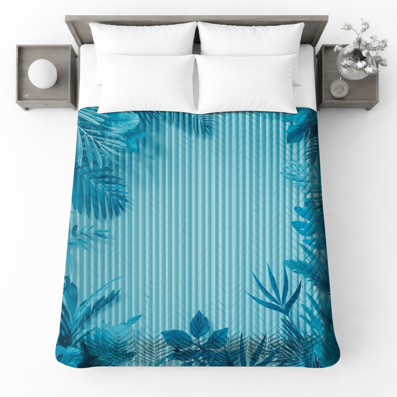Blue Tropical Foliage Quilted Bedspread All Sizes, Twin