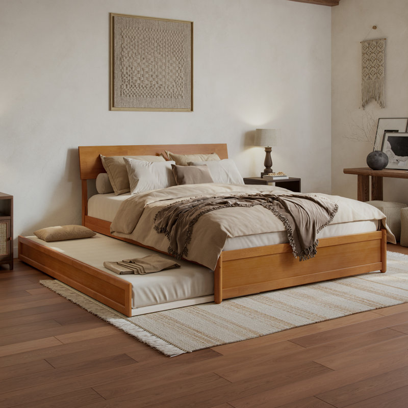 Norla Wood Platform Bed with Trundle, Light Toffee, Queen
