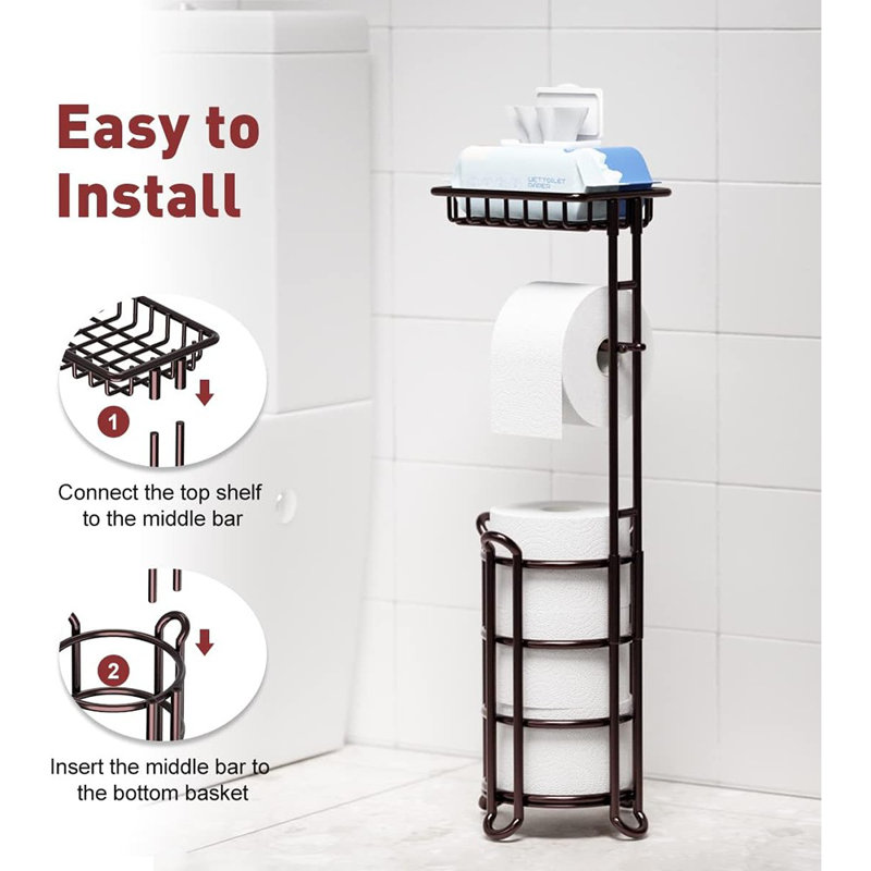 Distributeur de papier hygiénique sur pied avec tablette - Rangement de salle de bain pour méga rouleaux, bronze