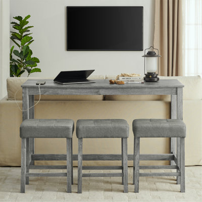 59 Inch Bar Table, Dining Table, Sofa Table With Power Outlet, 3 Upholstered Stools, 4 Piece Bar Table And Chair Set For Living Room, Dining Room, Kit by Lark Manor