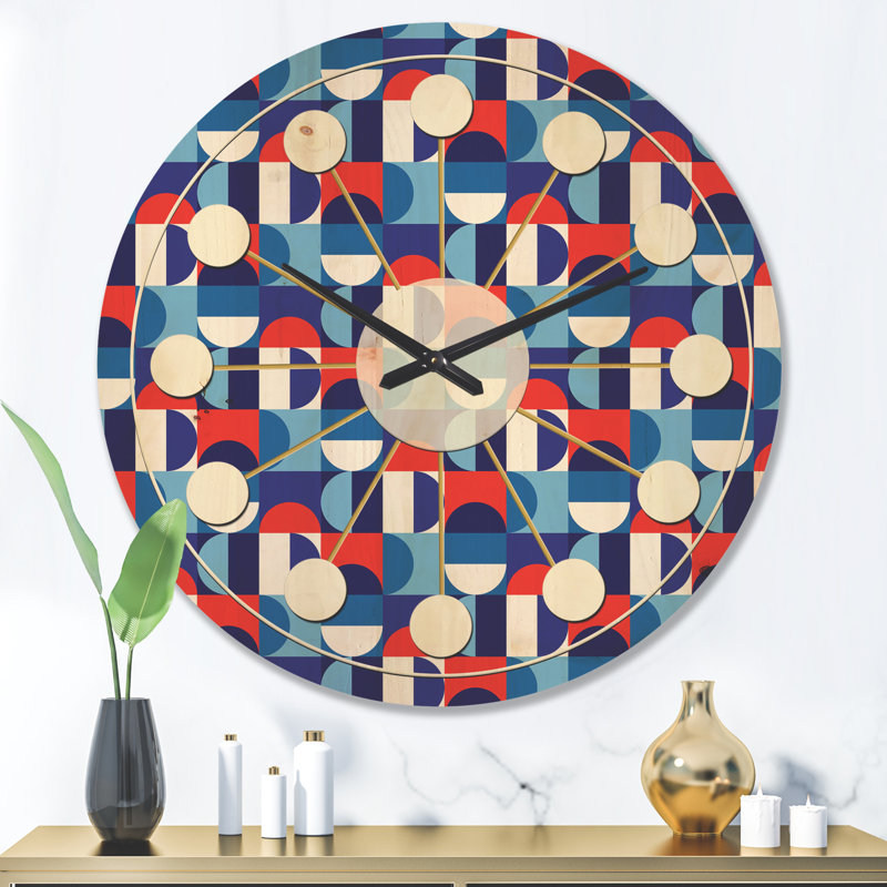 Blue, Red & White Polka Dots - Mid-Century Modern Wood Wall Clock, Large