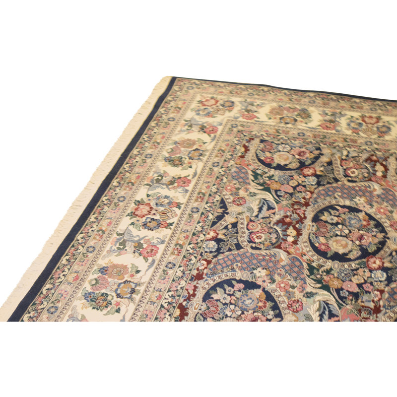 Tapis bleu marine et ivoire de haute qualité noué à la main