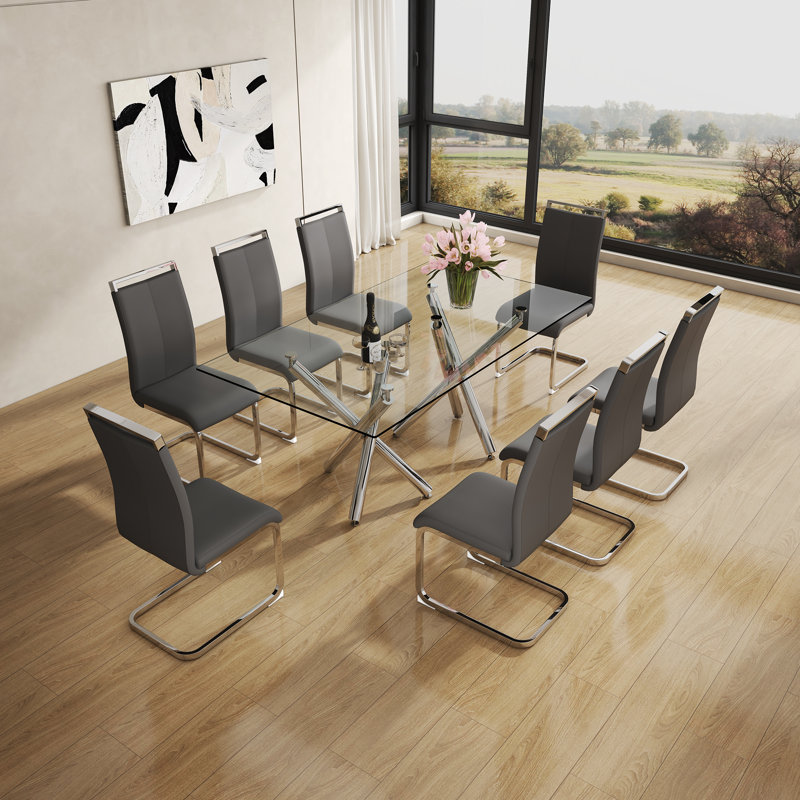 Daarina Modern Dining Table Set, Large Rectangular Glass Table with Silver X-Base and Faux Leather Cantilever Chairs, 9
