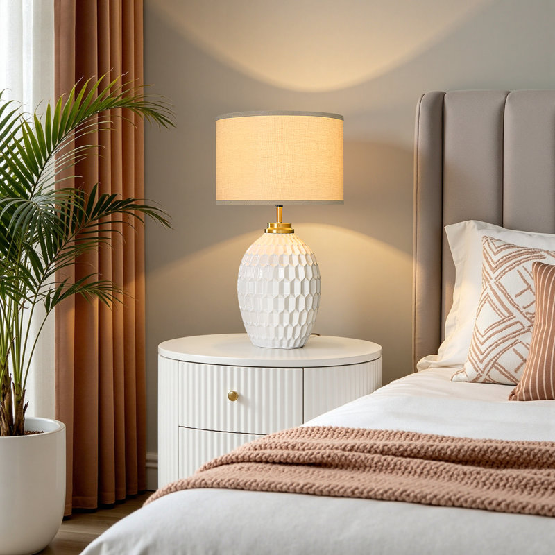 25.4" Stepless Dimmable Ceramic Table Lamp with Linen Shade, Modern Bedside Lamp
