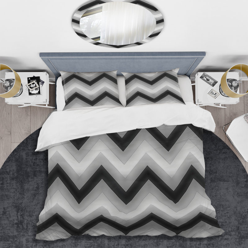 Ensemble de housse de couette moderne à motif de chevrons noir et gris, Housse de couette simple et deux taies décorative
