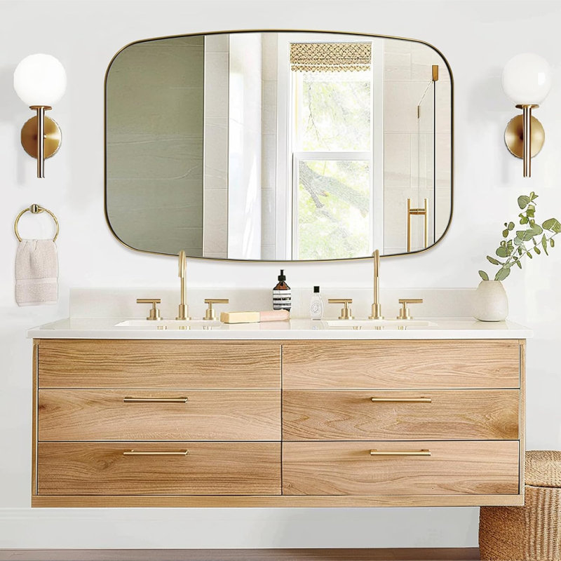 Miroir de salle de bain ovale moderne | Cadre en acier inoxydable, Or brossé, 48 po x 32 po