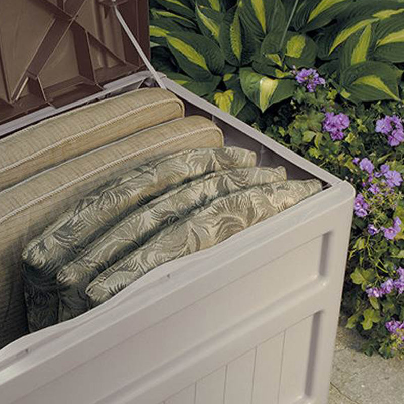 Suncast 78 Gallon Water Resistant Resin Deck Box with Wheels in Light Taupe/Mocha