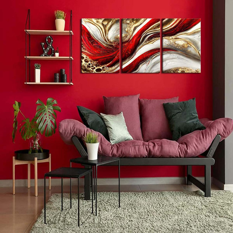 60*40,3Pcs Framed Red Gold Canvas Wall Art Abstract Marble Gilt Wall Decor Pictures Modern Red And Gold Paintings.