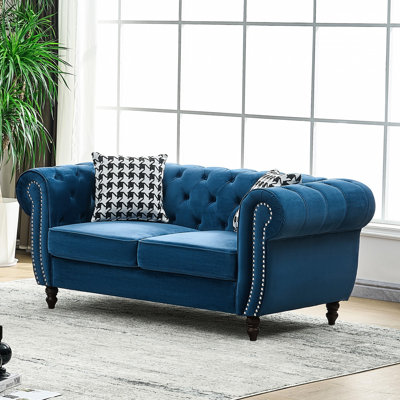 Blue Velvet Upholstered 65" 2 Seater With Roll Armrest, Nailhead, Mid Century Modern Style, Solid Wood Frame, High - Density Foam Cushions, For Primary Living Space Rolled Arms, Color, Pine Room