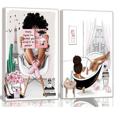 2 Pieces Framed African American Wall Art Modern Fashion Paris Pink White Afro Black Girls Women Canvas Wall Decor Pictures Posters Prints Artwork For Bathroom Living Room Bedroom Home Decoration