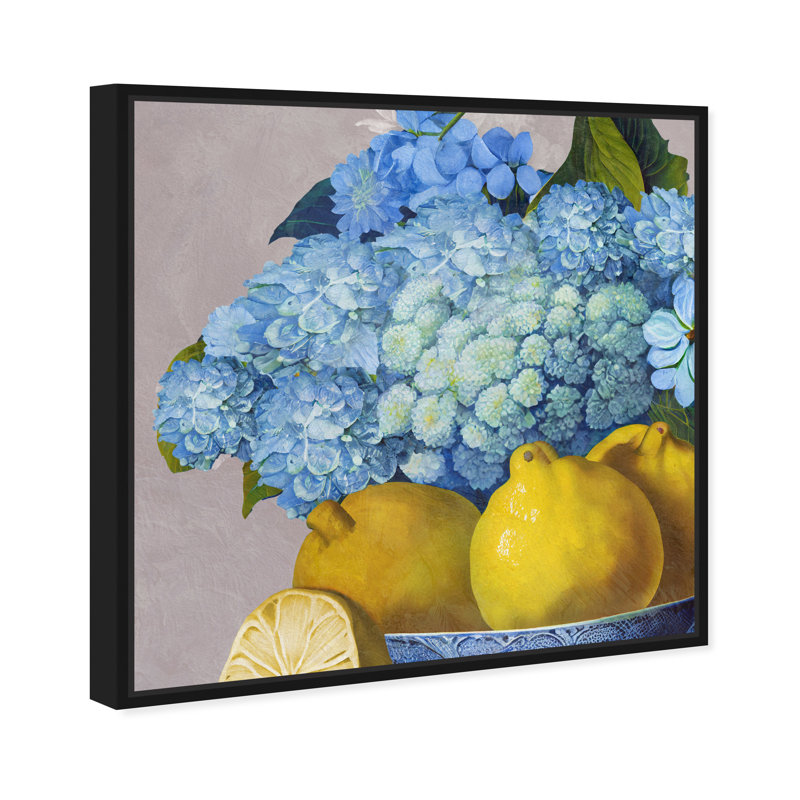 Hortensias et jour des citrons - Peinture, Cadre noir, H 13 po x l 13 po