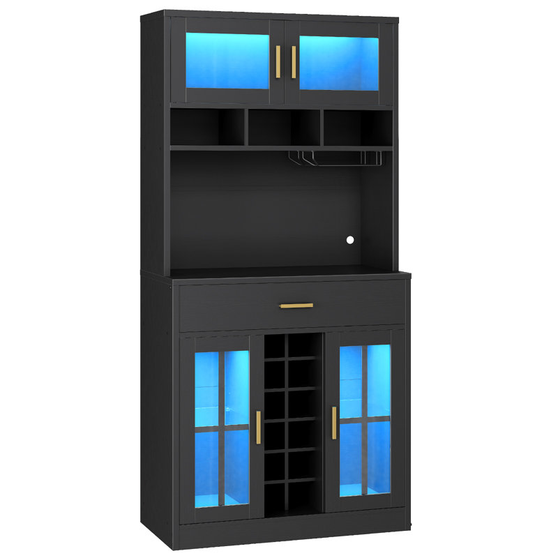 Multifunctional Bar Cabinet, Coffee Bar Cabinet With Led Light Strip, Microwave Cabinet With Glass Doors, Modern Kitchen Storage Organizer, For Living Room, Kitchen, And Dining Room