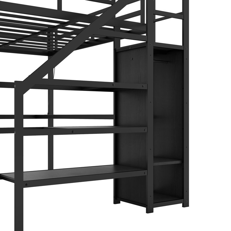 Loft Bed With L-Shaped Desk And USB, Metal Loft Bed With Wardrobe And Adjustable Shelf, High Loft Bed With LED For Kids Teens Adults, Black