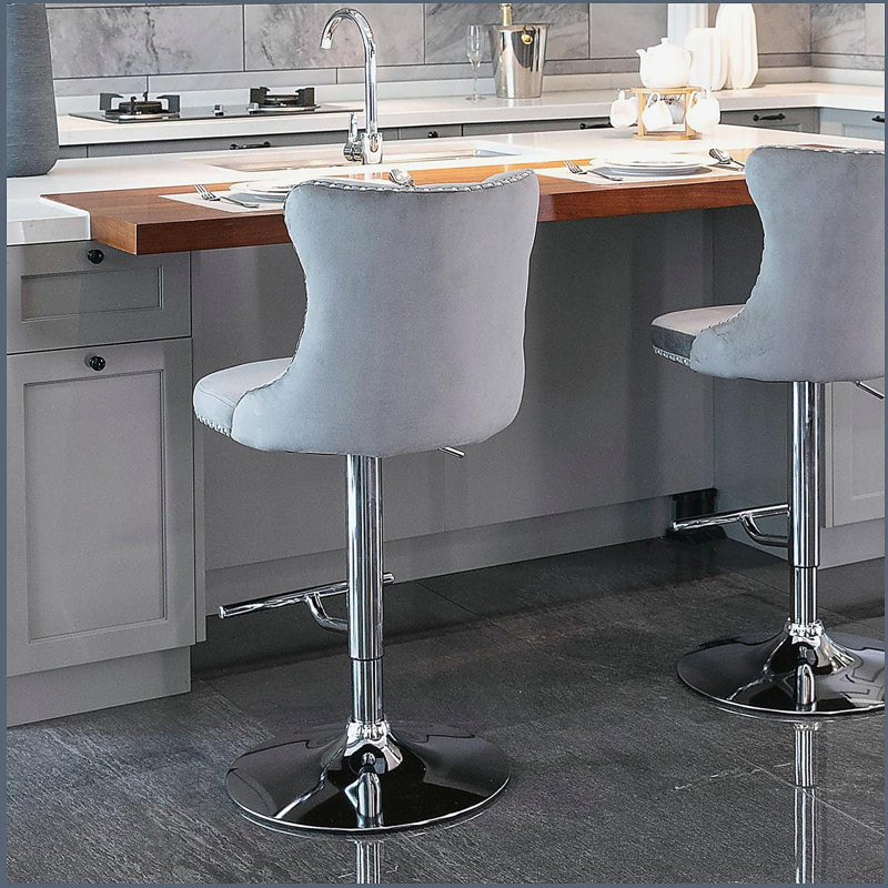 Tabourets de bar pivotants en velours à hauteur de siège réglable, tabourets de bar rembourrés modernes à base chromée avec dossier capitonné confortable, ensemble de 2