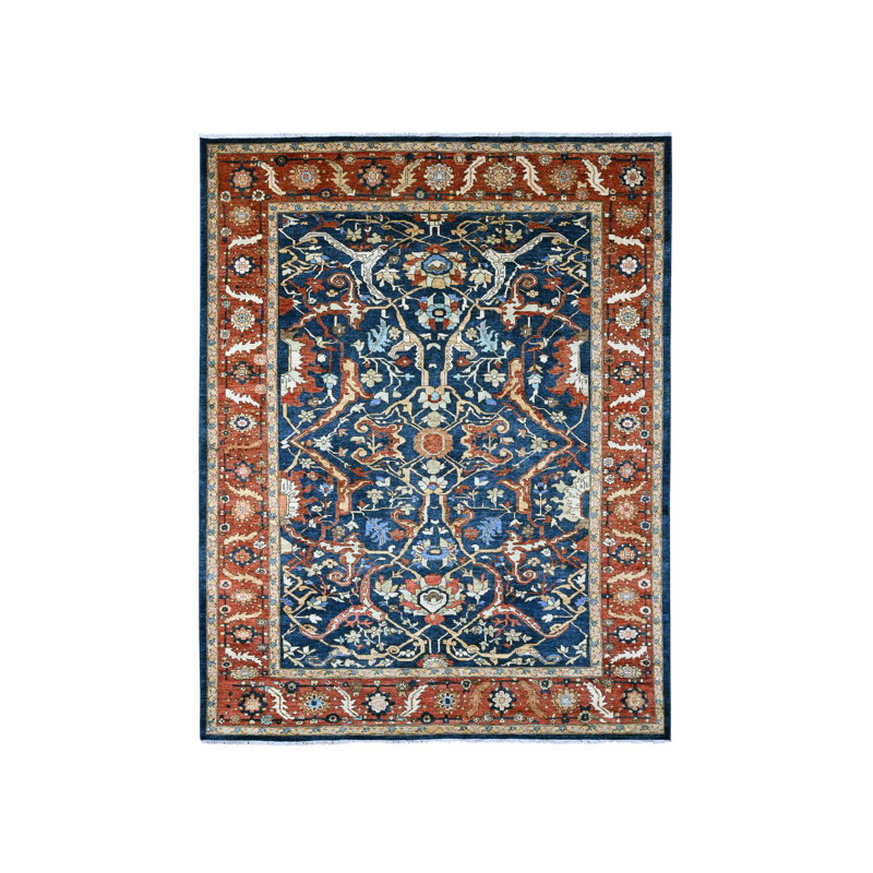 Tapis oriental bleu en laine noué à la main 9 pi 1 po x 11 pi 8 po - MOA10289852