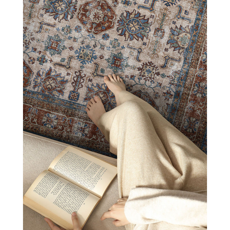 Machine Washable Oriental Red/Blue/Brown/Beige Area Rug, Rectangle 4'11" x 8'