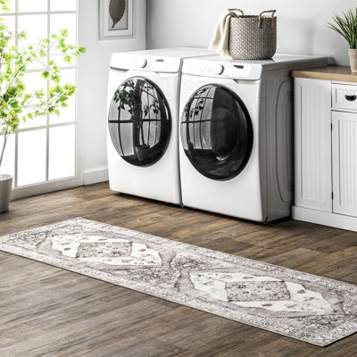 Teo Medallion Machine Washable Area Rug for Living Room Bedroom Dining Room Kitchen, Light Grey/Ivory
