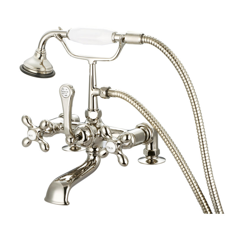 Stonington 3 Handle Deck Clawfoot Tub Faucet, Cross Handles, Polished Nickel