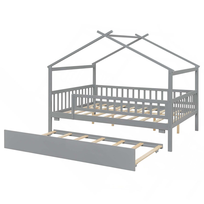 Lit de maison en bois avec lit gigogne simple, Gris, Lit double