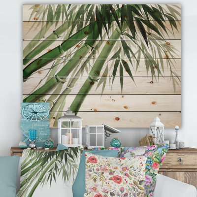 Vintage Dark Green Bamboo - Traditional Print On Natural Pine Wood