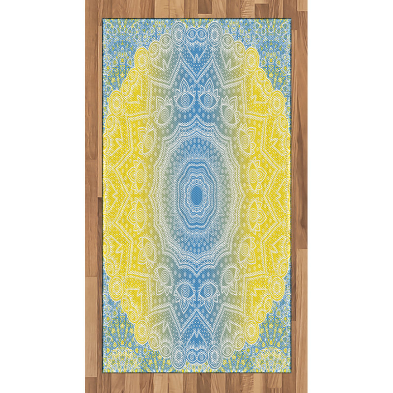 Blue and Yellow High Density Long Fiber Poly Threads Decorative Area Rug Carpet, Rectangle 2'7" x 5'