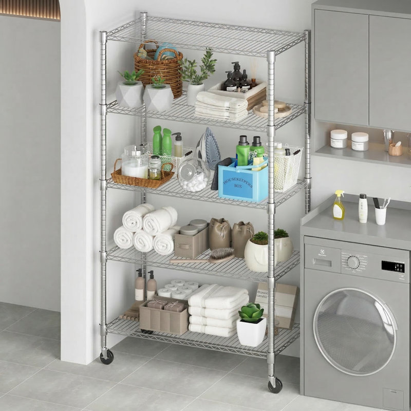 Yelena 90cm W Metal Shelving Unit with Wheels, 208cm H x 90cm W x 45cm D, Silver