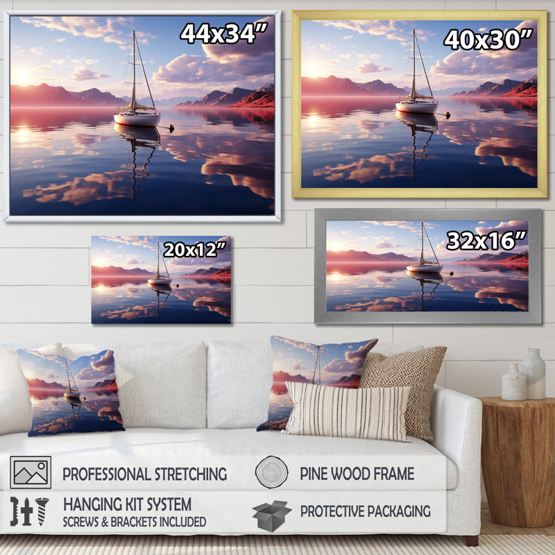 Voilier blanc, nuage rose, coucher de soleil, réflexion sur toile, 24" H x 32" W, Cadre naturel flottant